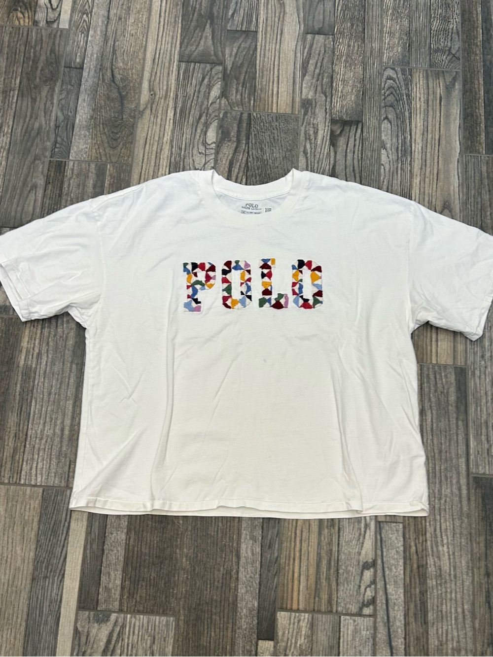 👁️ Polo Ralph Lauren Spell Out Quilted Patchwork Crop Graphic T-Shirt White